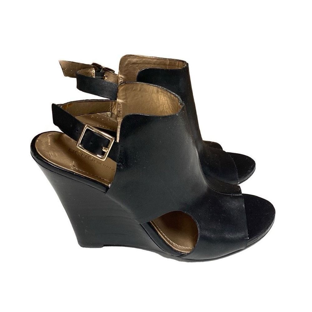 BCBG Generation Black Leather Open Toe Wedge Size 6.5